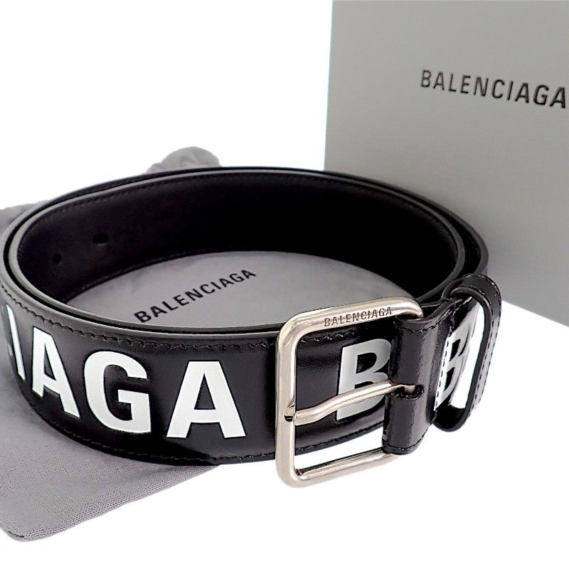 バレンシアガ BALENCIAGA プリントレターベルト サイズ85 835711 2ABZS 1060 ベルト カーフ ブラック 黒 シルバー金具 メンズ【中古】【ABランク】