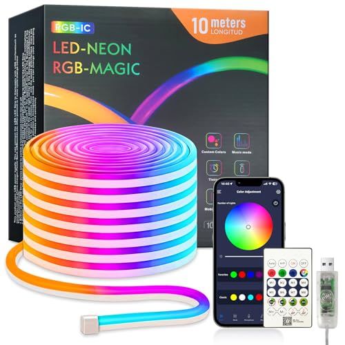 LEDネオンライト 10m USB給電 RGBIC チューブ式 音楽同期 256色アプリ調光 流れるような虹色発光 防水（IP65） 魔法のカラーライト テープライト 寝室/リビング/キッチン/パーティー/クリスマス装飾用 簡単取り付け 日本 8d74d2c1