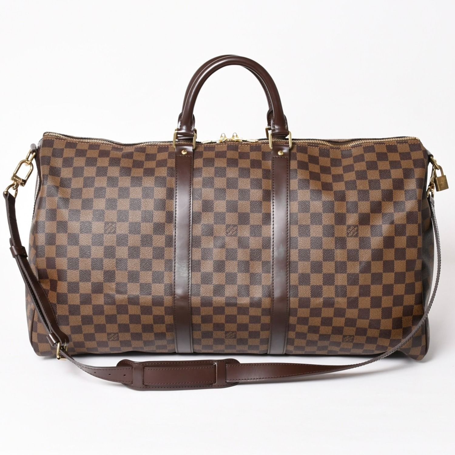 極美品 LOUISVUITTON ルイヴィトン キーポル バンドリエール55 ボストンバッグ N41414 ダミエ エベヌ ブラウン ゴールド金具 中古 4a004191