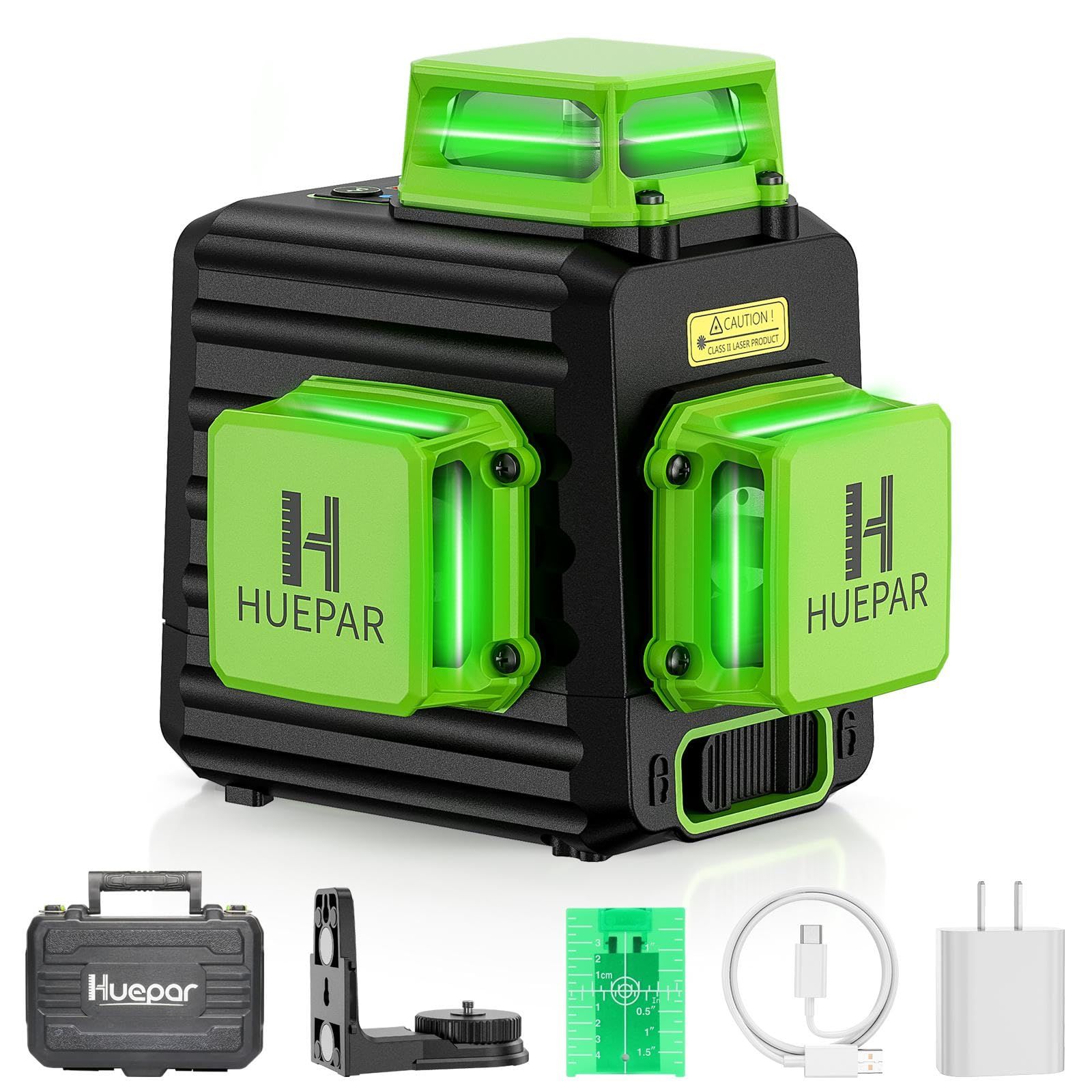 ☆新品☆Huepar 3x360° レーザー墨出し器 グリーン 緑色 レーザー クロスライン 大矩 フルライン照射モデル 自動補正 2電源方式 Type-C充電可能 受光器対応 B03CG