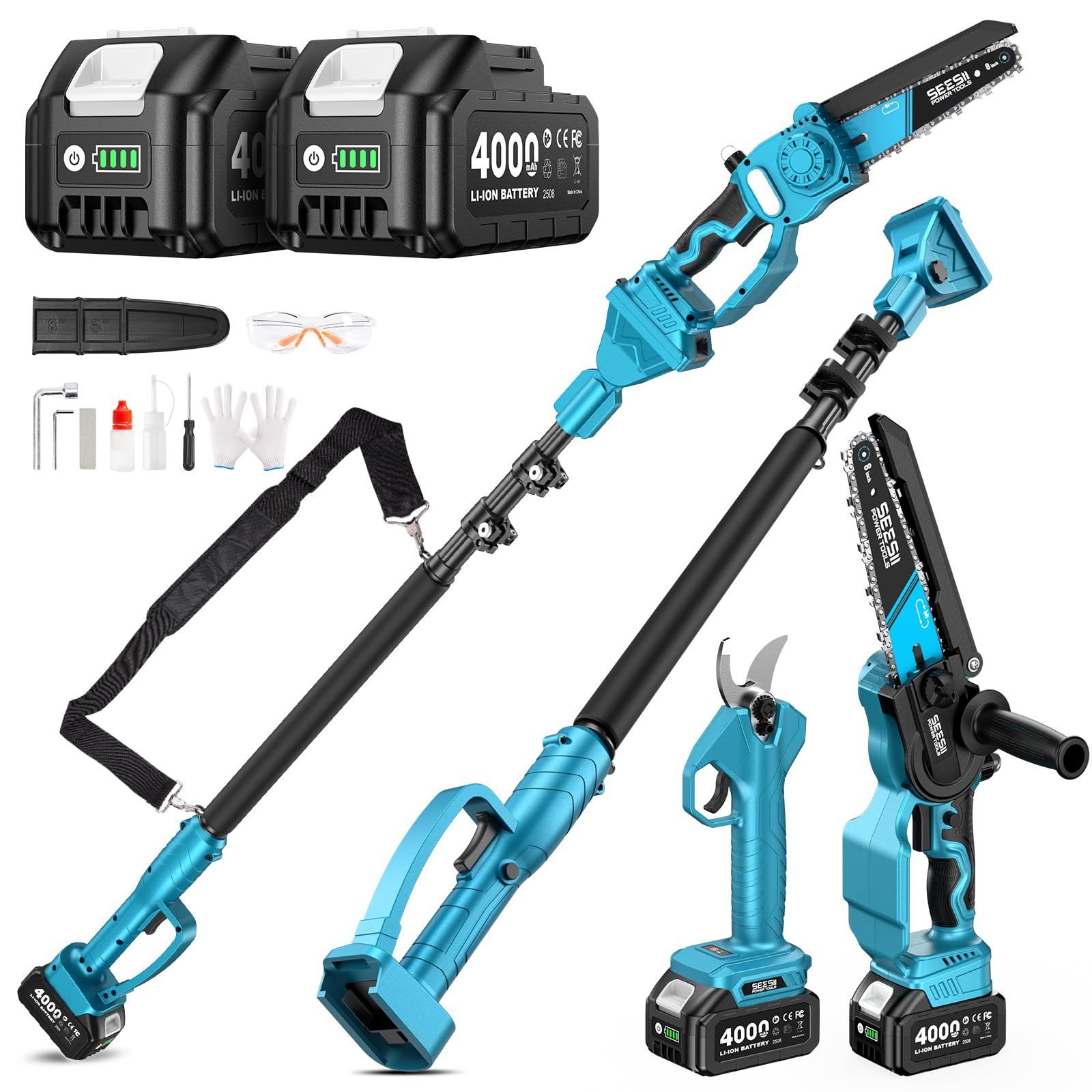 ☆新品☆【2026新型】SEESII たかえだ 電動チェーンソー 8インチブラシレスハンディソー 高枝切りバサミ 充電式剪定ばさみ 1台4役 4.0Ah大容量バッテリー2個 強力 電動のこぎり 電動バサミ 軽量 コードレス オイル注ぎ機能 延長ポール 125c