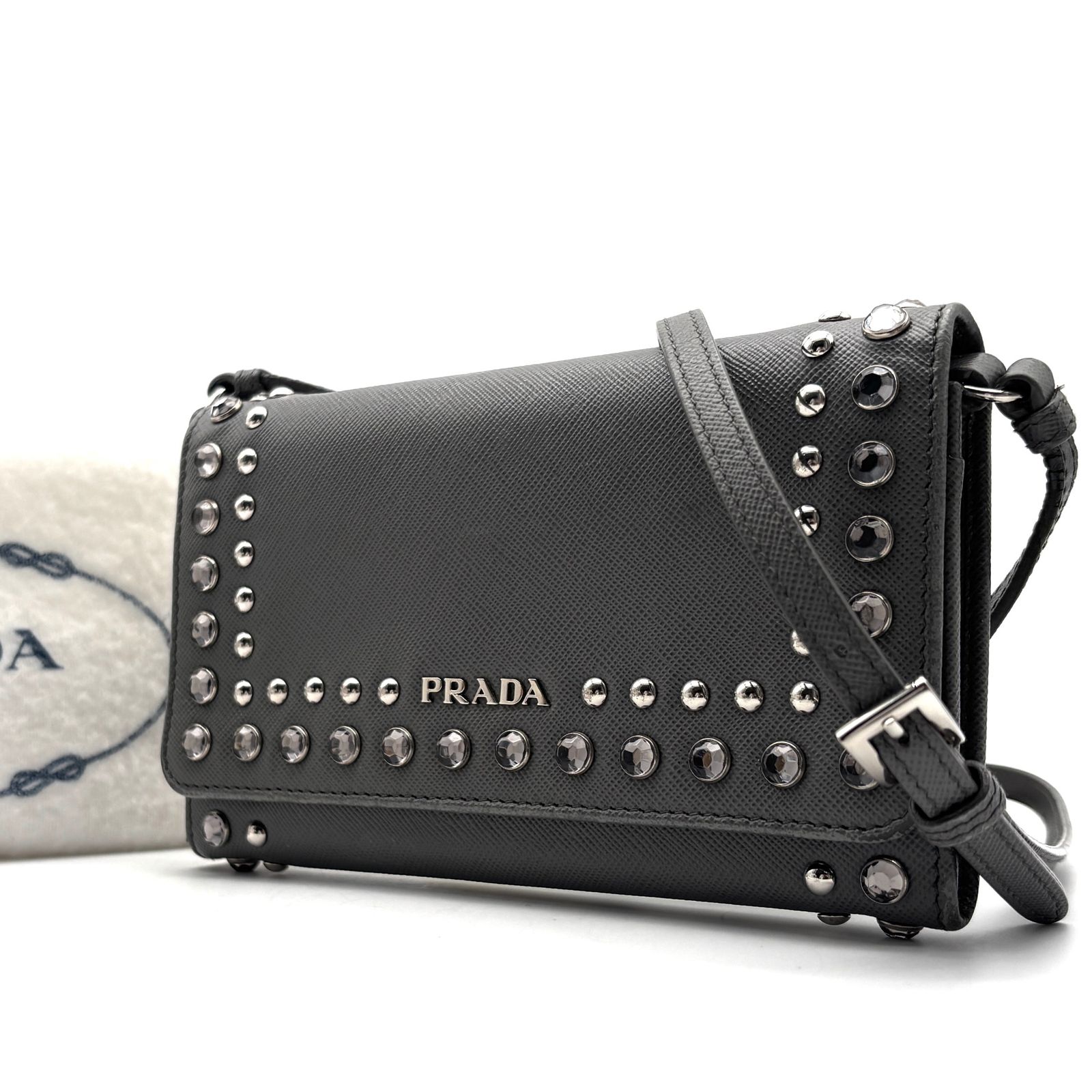 美品プラダ PRADA 2Wayショルダーウォレット 財布スタッズ保存袋付 