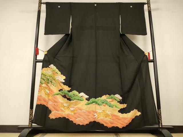 平和屋着物＊夏物　黒留袖　絽　刺繍　立波笹松文　金彩　正絹　逸品　AABJ8155jd