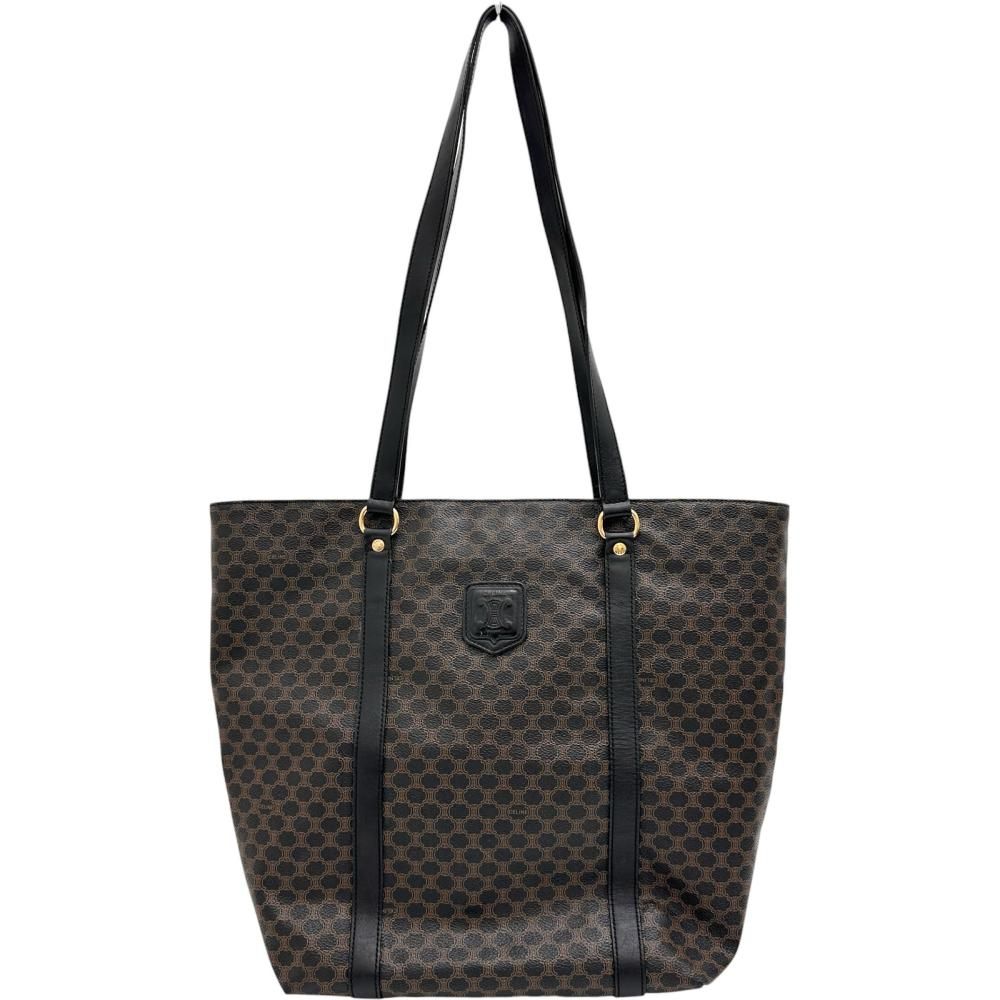 【CELINE/セリーヌ】トートバッグ PVCコーティングキャンバス/レザー マカダム柄/ブラウンPVC/ブラックレザー/ゴールド金具 レディース 【中古】【真子質店】【BL】