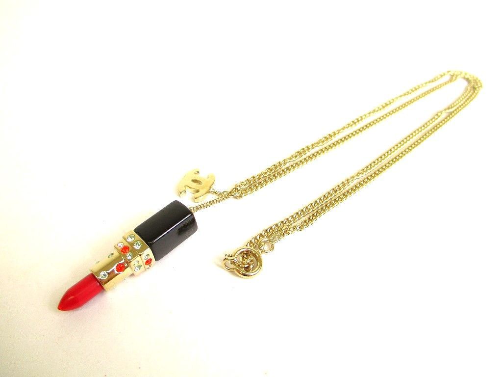 シャネル CHANEL ヴィンテージ CCロゴ リップスティック 口紅 モチーフ ゴールドチェーン ネックレス　【新品同様】