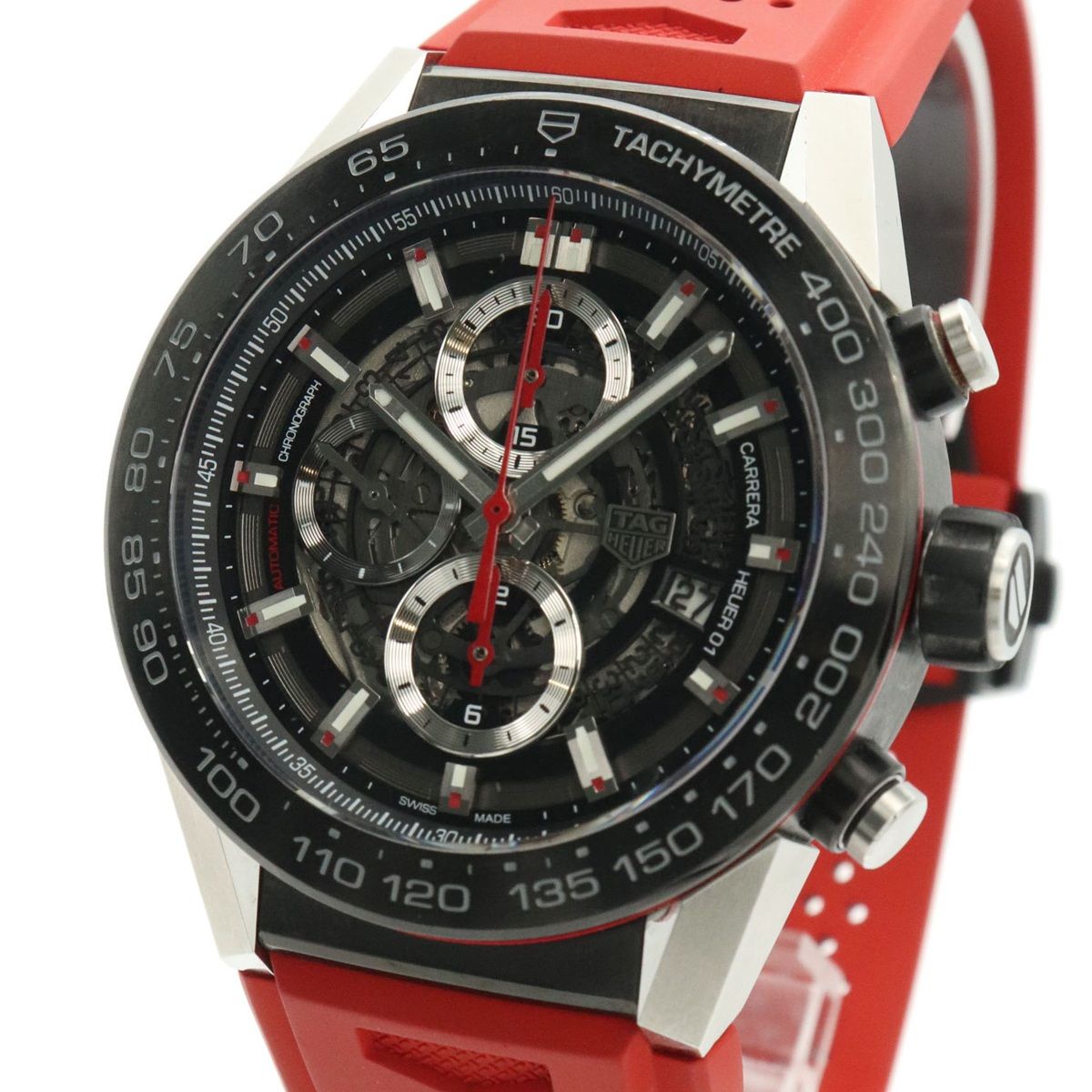 美品 TAG HEUER タグホイヤー カレラ キャリバーホイヤー01 CAR2A1Z 腕時計 自動巻き ラバー レッド ブラック メンズ