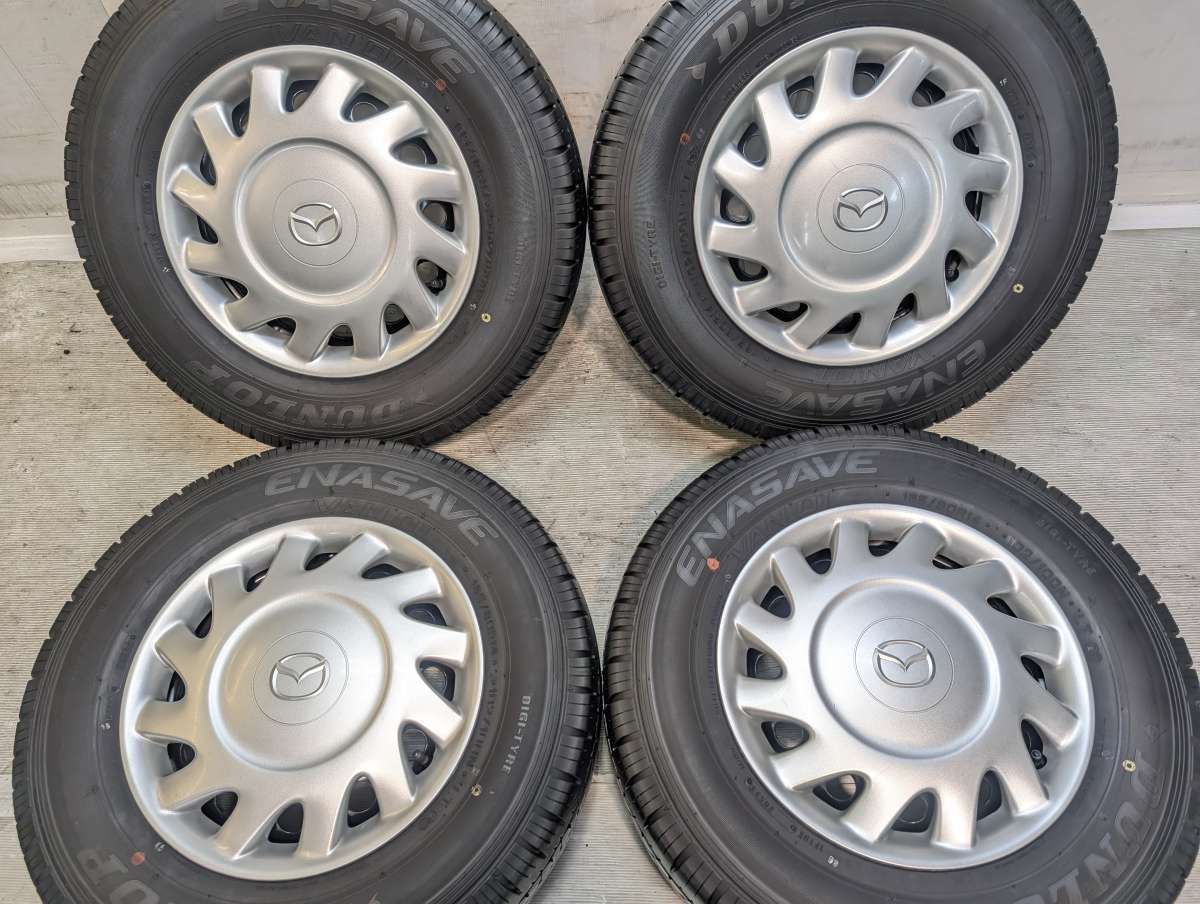 185/80R14 102/100 ダンロップ エナセーブ VAN01 マツダ純正 14x5.0 114.3-5穴 中古タイヤ サマータイヤ ホイールセット 4本セット s14260529038