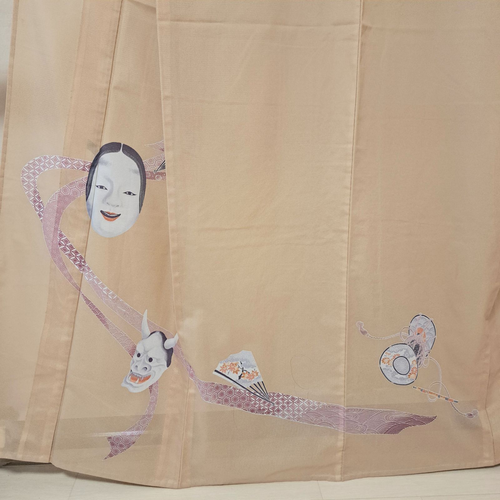 洗える夏着物・絽】Lサイズ相当身幅 ベージュ お面 笛 鼓 化繊 れ