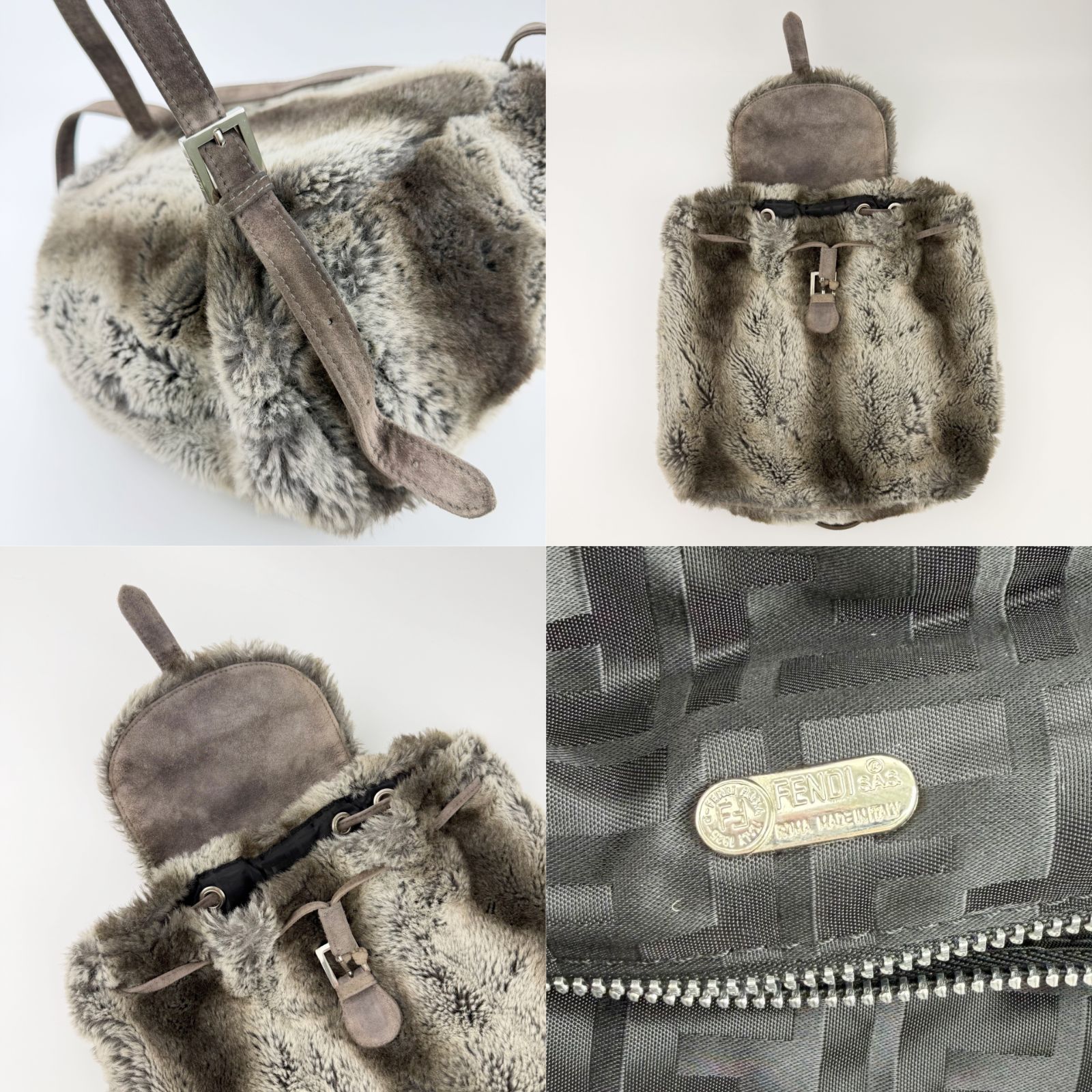 中古】FENDI フェンディ ズッカ柄裏地 リュックサック ファー スエード 