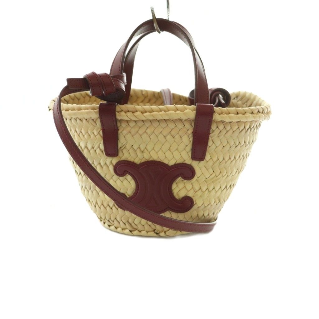 セリーヌ CELINE 2WAY トリオンフ パニエ ラフィアバッグ ナノサイズ かごバッグ ハンドバッグ ショルダーバッグ ベージュ ワインレッド /MI ■OS ■OH