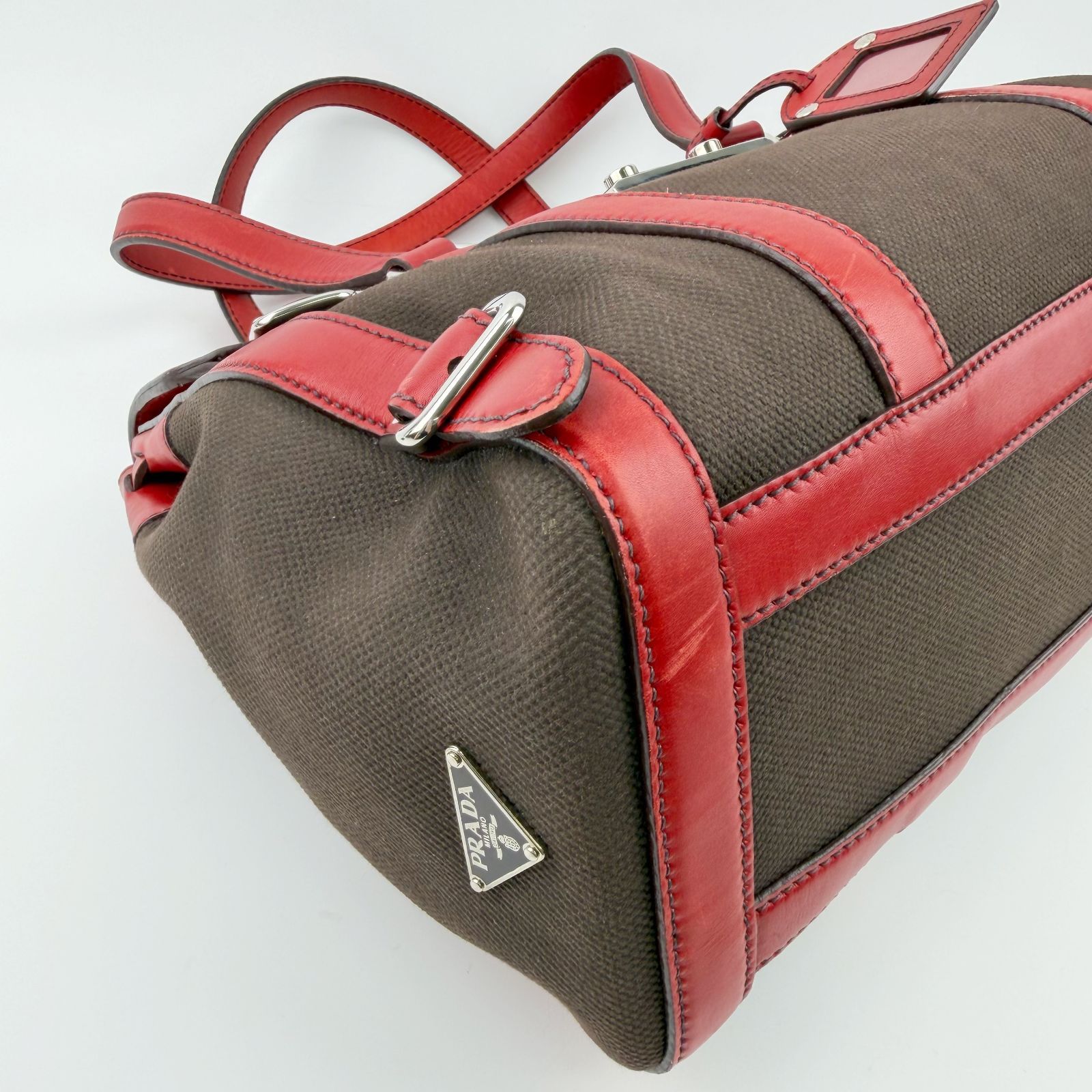 プラダ　キャンバス　レザー　ボストンバッグ 中古】PRADA プラダ ロック金具 フレーム キャンバス レザー ボストン