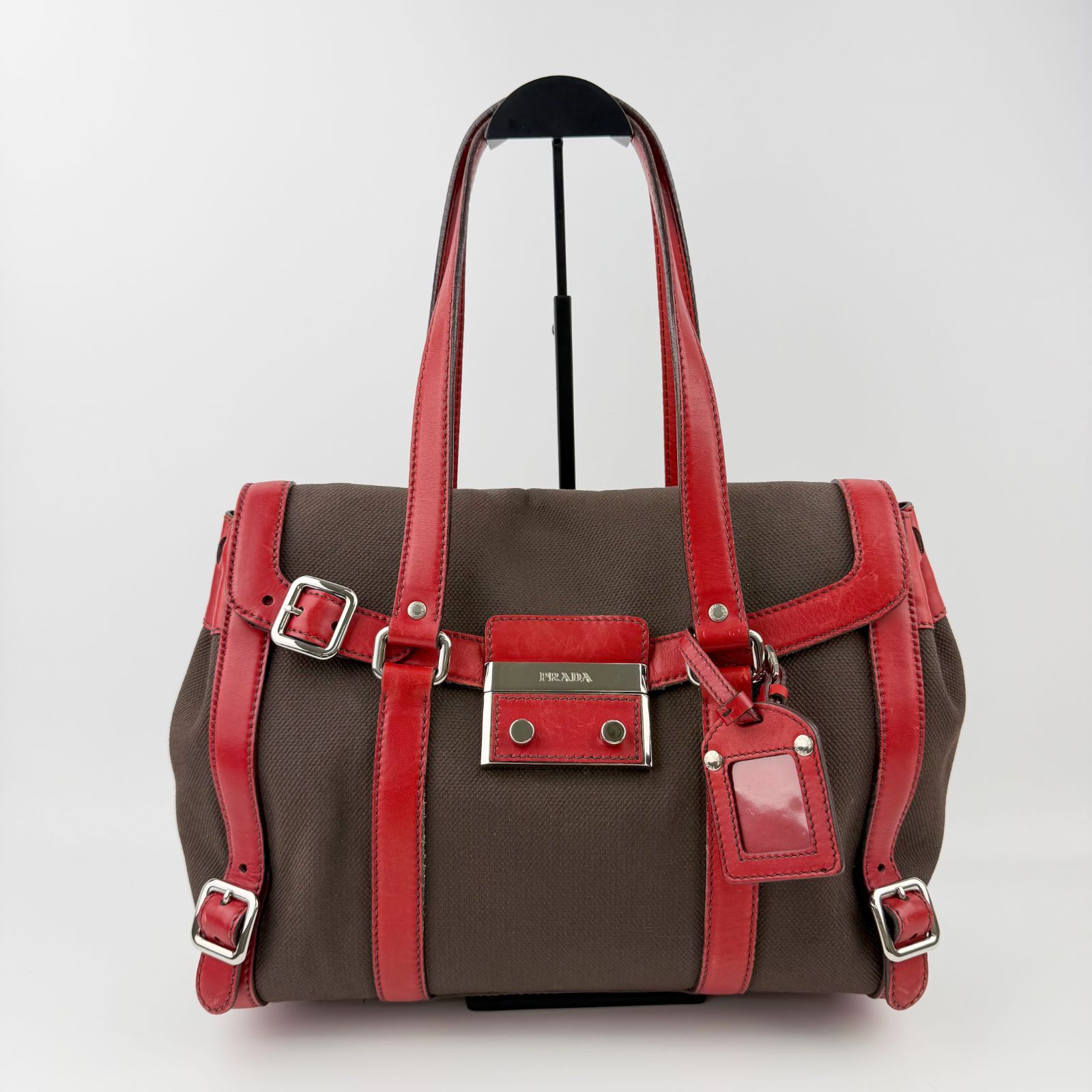 美品】PRADA ボストンバッグ （南京錠&ネームタグ付き）ブラウン