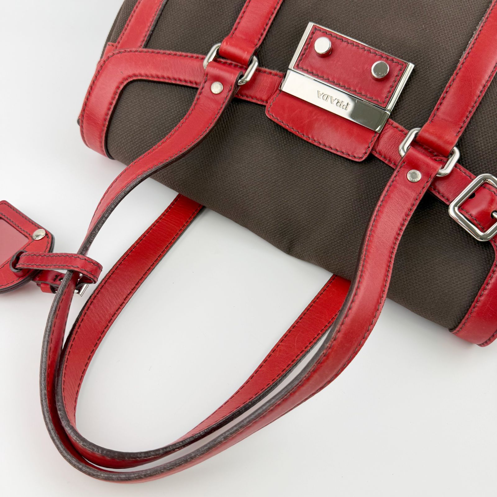 中古】PRADA プラダ ロック金具 フレーム キャンバス レザー ボストン