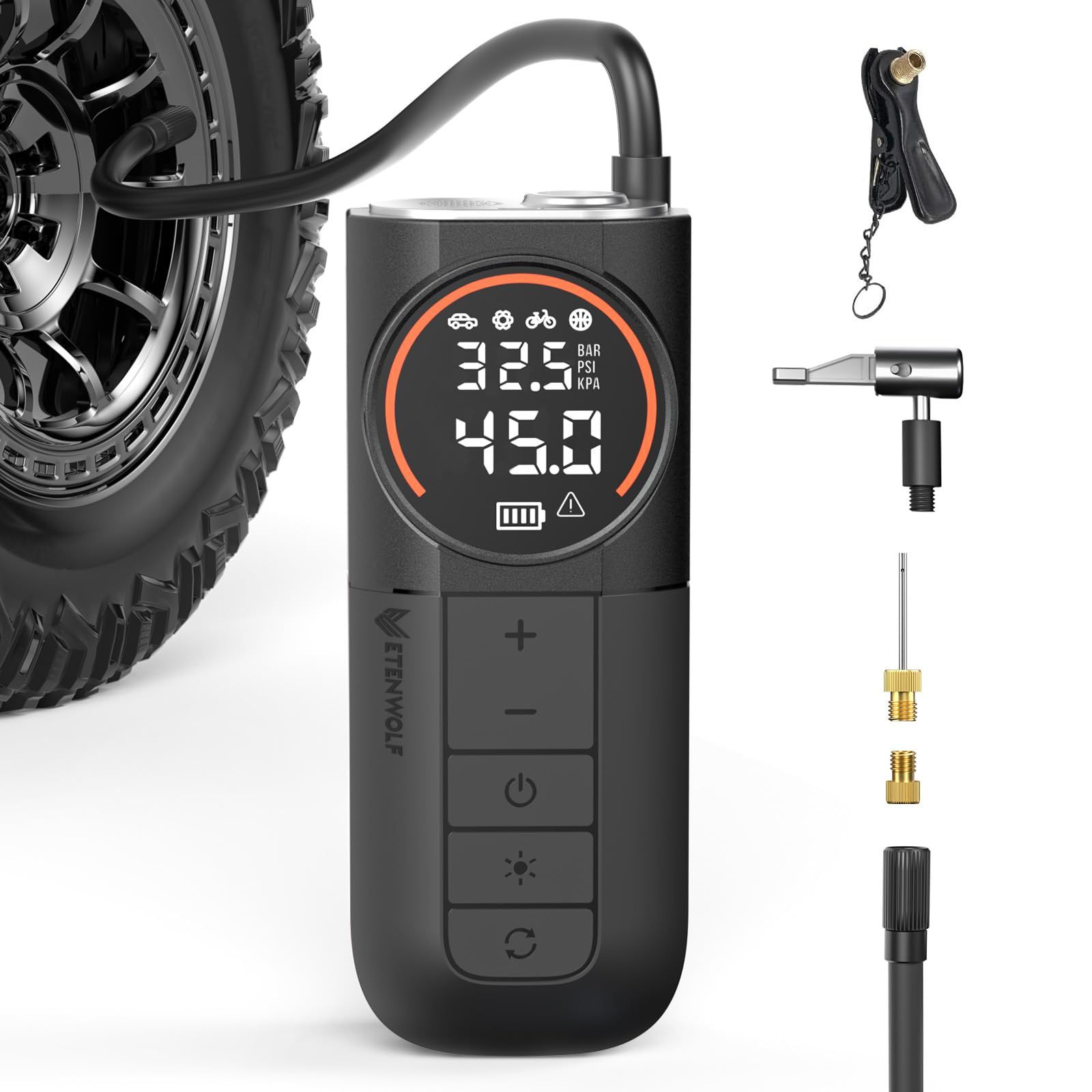 【新品】ETENWOLF 自転車 空気入れ 電動 1 分で急速膨張 コードレス 電動空気入れ 5200mAh 大容量バッテリー 仏/英/米式バルブ全対応 デジタル圧力ゲージ LED ライト付き 160 PSI 電動エアポンプ 車タイヤ 自転車 e1370002