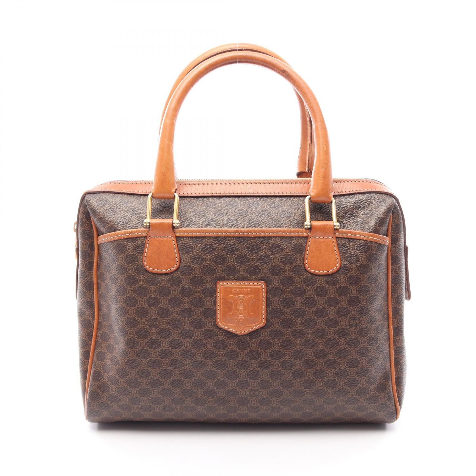 セリーヌ CELINE ボストンバッグ マカダム ブラウン PVCコーティングキャンバス レザー マカダム ミニボストン レディース Used B