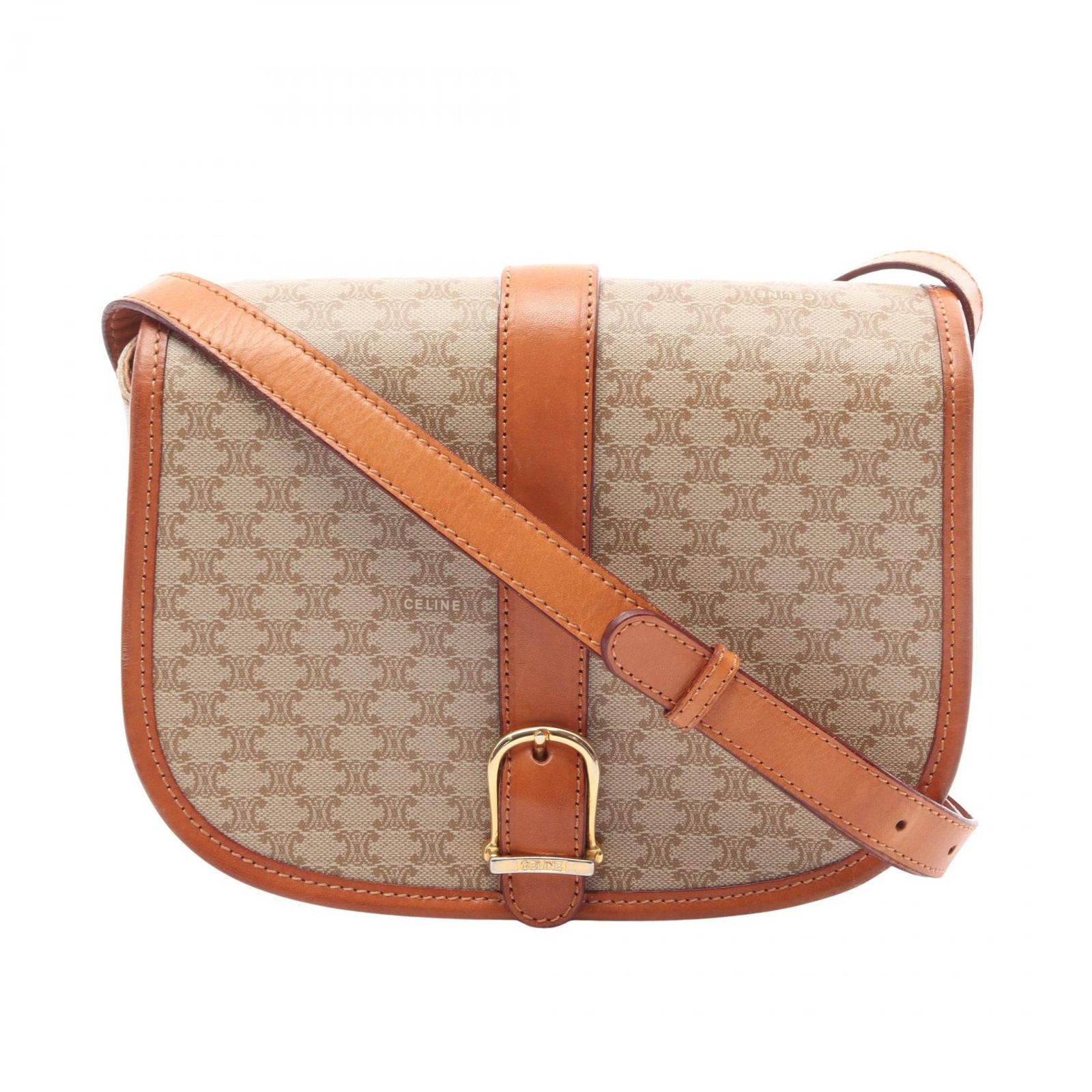 セリーヌ CELINE ショルダーバッグ マカダム ベージュ PVCコーティングキャンバス レザー トリオンフ ショルダーバッグ レディース Used B