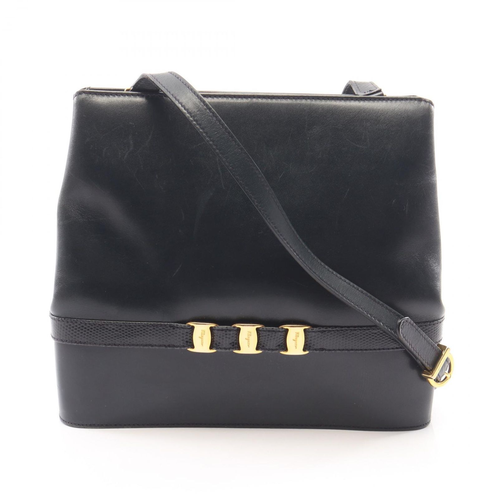 サルヴァトーレフェラガモ Salvatore Ferragamo ショルダーバッグ ヴァラ リザード型押し 21 4280 ネイビー レザー ヴァラリボン ショルダー レディース Used B