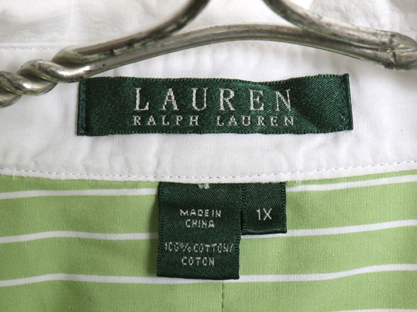 00s ローレン ラルフローレン ストライプ 七分袖 クレリック シャツ レディース XL 古着 オールド ポロ コットン カジュアル 大きいサイズ