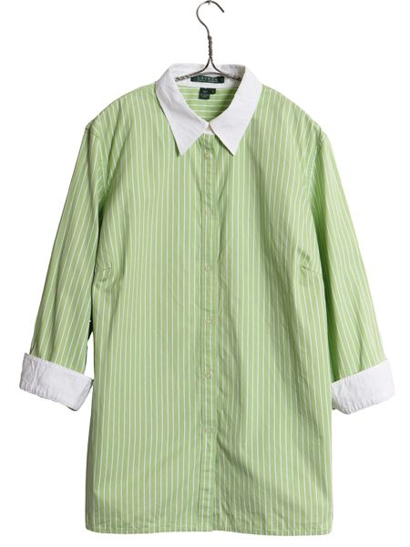 00s ローレン ラルフローレン ストライプ 七分袖 クレリック シャツ レディース XL 古着 オールド ポロ コットン カジュアル 大きいサイズ