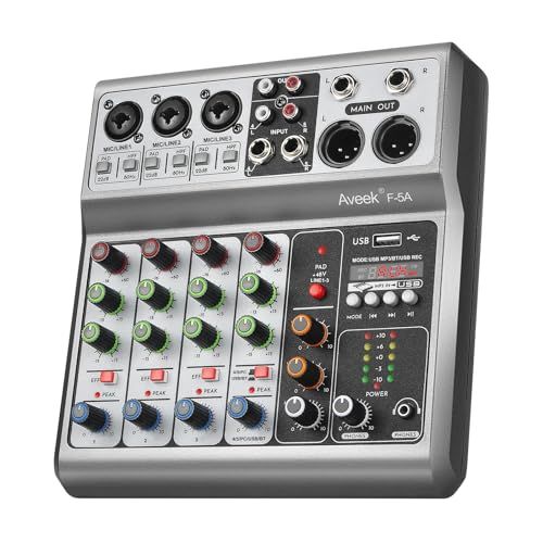 Aveek 5チャンネルオーディオミキサー、USB/Bluetooth対応リバーブ・ディレイ効果搭載サウンドボードミキシングコンソール、入力48Vファンタム電源対応ステレオDJミキサー（録音・ライブ配信・ポッドキャスティング・カラオケ用） 国 0e51825b