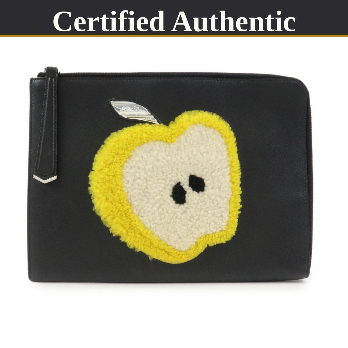 【美品】 Fendi フェンディ クラッチバッグ ウールアップルモチーフ 8M0363 - ブラック／レザー