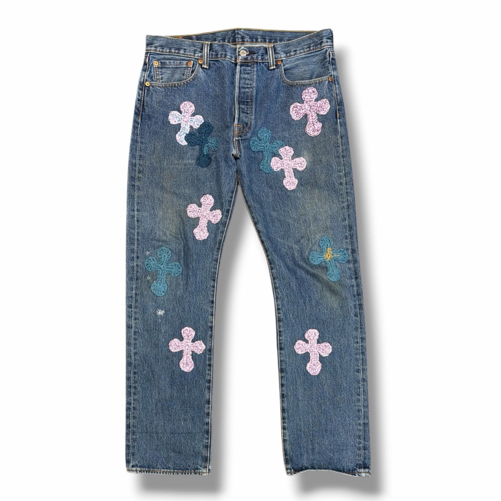 S*読様 Y.A.R.N. カラフルクロス刺繍デニム Y.A.R.N. 3D Cross Denim Pants クロスニット デニムパンツ ジーンズ