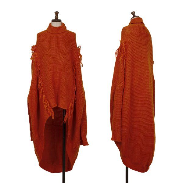 レギュレーション ヨウジヤマモトREGULATION yohji yamamoto ウールフリンジバックロングハイネックニットセーター オレンジ2
