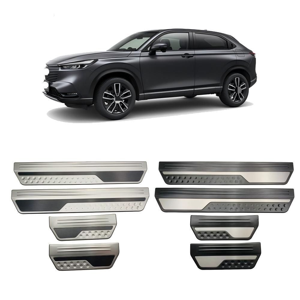 送料無料 ホンダ HONDA ヴェゼル VEZEL HR-V 21-22年対応 ドアステップガード 4枚セット スカッフプレート 傷防止 車体保護 貼り付け式 内外装 ドア下 保護 カスタム パーツ シルバー ブラックチタン 専用設計 乗降キズ対策 光沢アップ