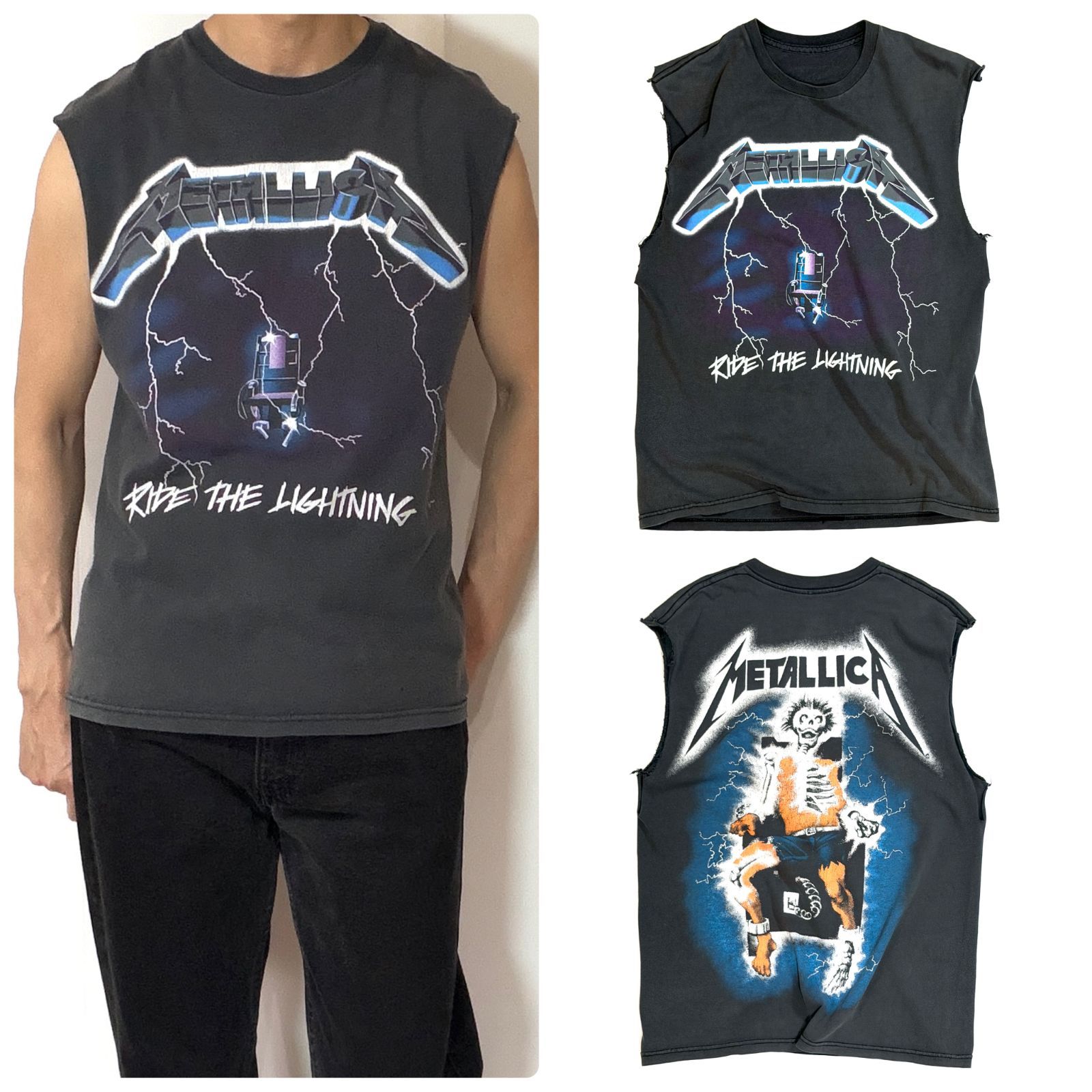 雰囲気系 00s Metallica メタリカ Ride the Lightning 電気椅子 両面プリント Tシャツ M相当 ブラック カットオフ ロゴ スカル スミクロ フェード 2000年代 バンドT バンT ボロ 墨黒 フェード p26043564