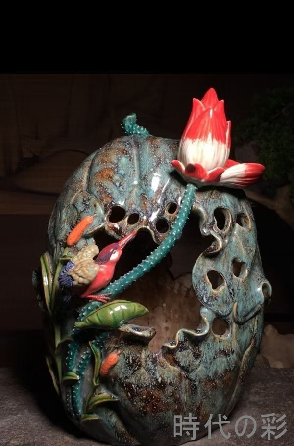 【石湾窯 荷塘月色置物】中国古美術 山水情景 陶塑細工 手作り大型置物 古陶芸 唐物 骨董品 旧家蔵出 R26061317