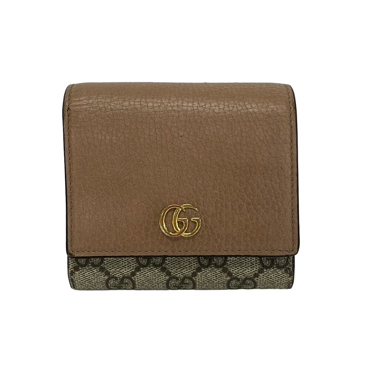 GUCCI(グッチ) 2つ折り財布 GGマーモント,GGプラス・GGスプリーム 598587 ピンクベージュ×ベージュ×ダークブラウン L字ファスナー レザー
