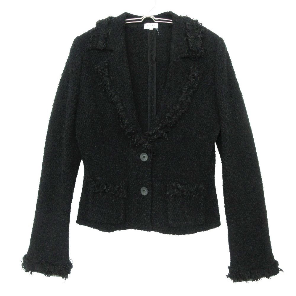 美品 FOXEY BOUTIQUE フォクシー ブティック テーラードジャケット シルク混 アンゴラ混 ツイード フリンジ ブレザー ブルゾン アウター 2B 上着 ブラック 40【M】 レディース 【中古】