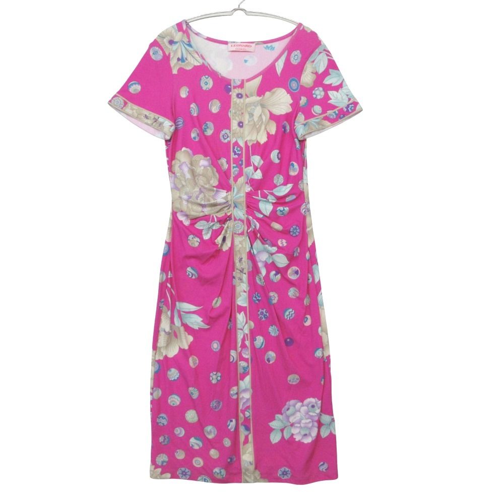 LENARD レオナール レオナール FUCHSIA フューシャ ワンピース イタリア製 半袖 柄 ロング ショッキングピンク×ベージュ 36【S】 レディース 【中古】