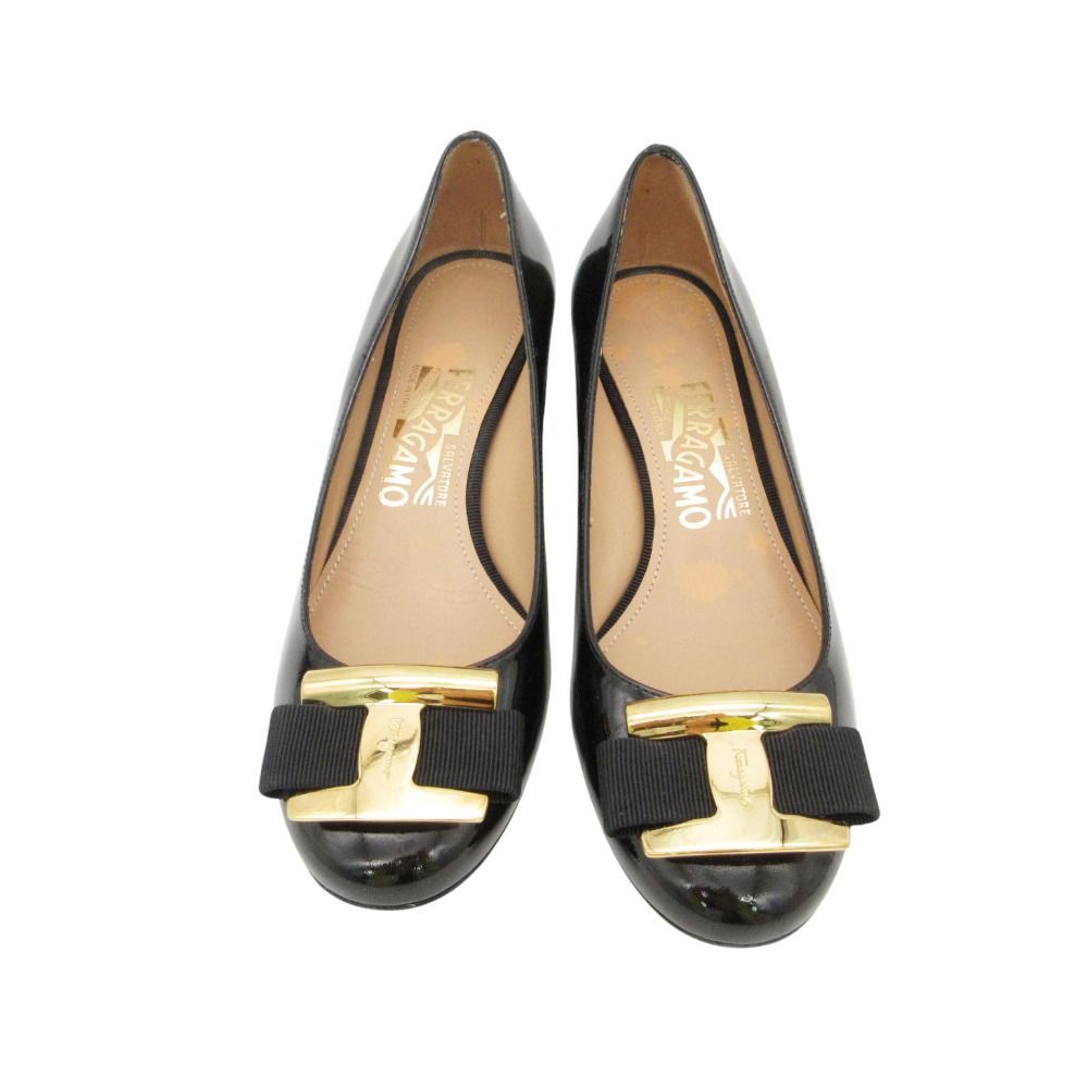 Salvatore Ferragamo サルヴァトーレフェラガモ パンプス ビッグ ヴァラリボン パテントレザー ウェッジソール 靴 ブラック 5 2/1 23cm レディース 【中古】