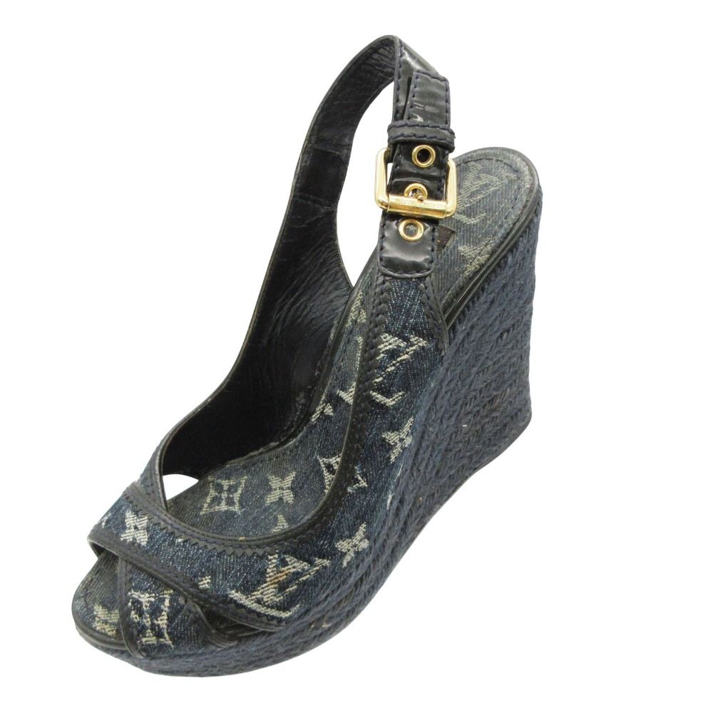 LOUIS VUITTON ルイ・ヴィトン サンダル モノグラム デニム ウェッジソール エスパドリーユ ジュート スリングバック イタリア製 靴 インディゴ 23cm レディース 【中古】