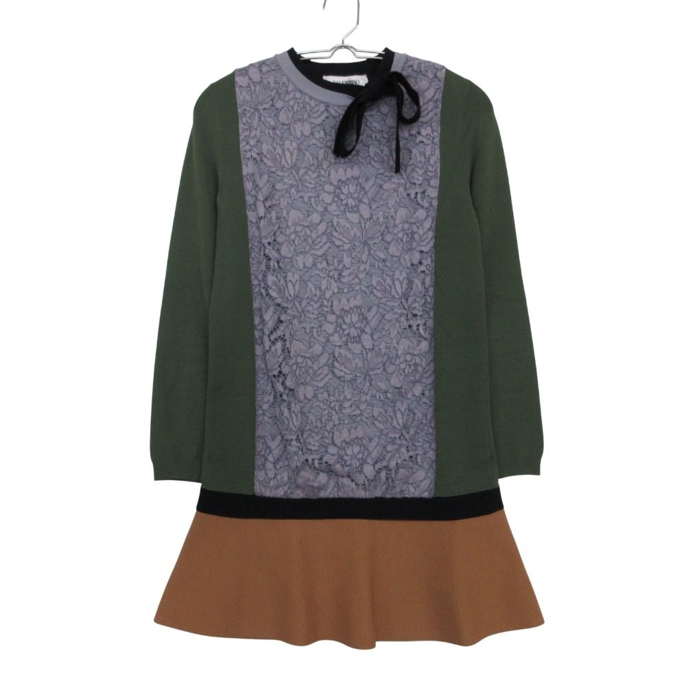 美品 Valentino ヴァレンチノ ワンピース リボン付 レース切替 ニット 長袖 ミニ丈 グレー XS レディース 【中古】