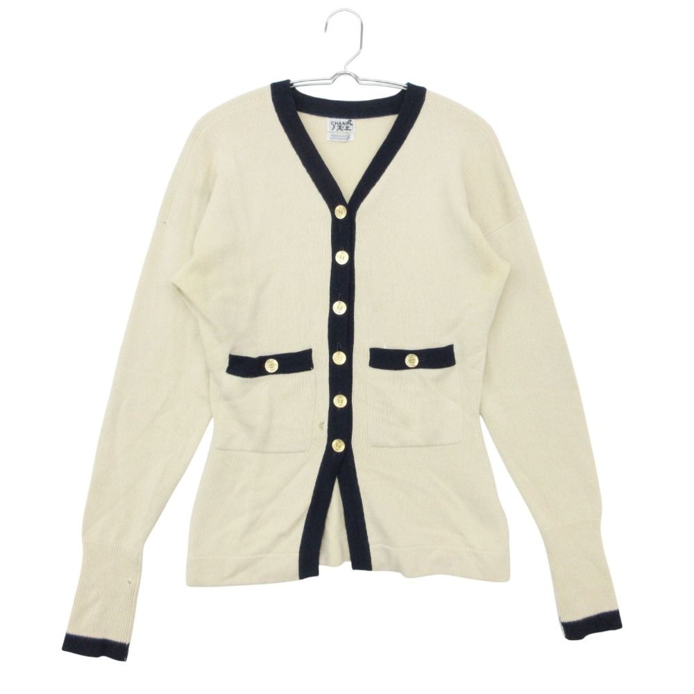 CHANEL シャネル カーディガン ピュアカシミヤ100% バイカラー ロングニット Vネック 金ボタンココマークボタン ベージュ×ネイビー M レディース 【中古】