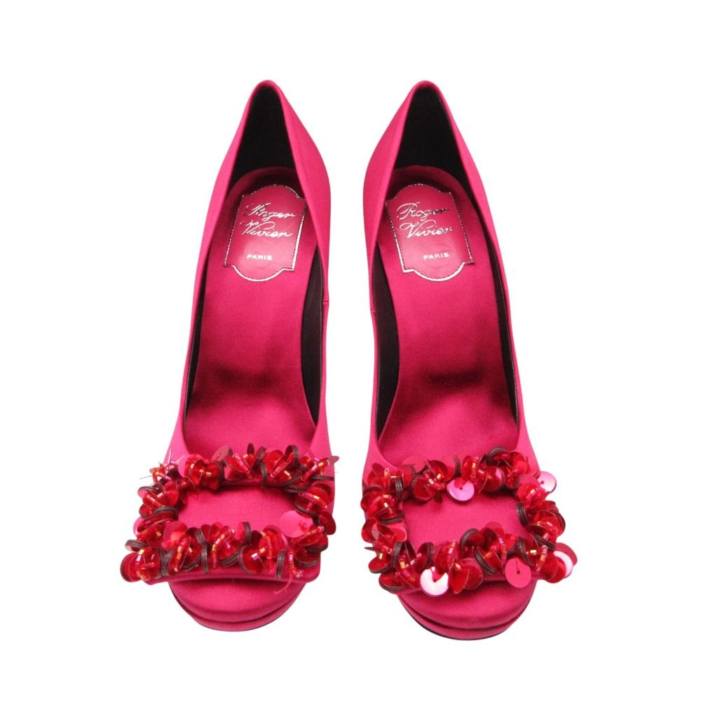 Roger Vivier ロジェ・ヴィヴィエ パンプス スパンコール スクエアバックル ハイヒール シューズ ショッキングピンク 36 23cm レディース 【中古】