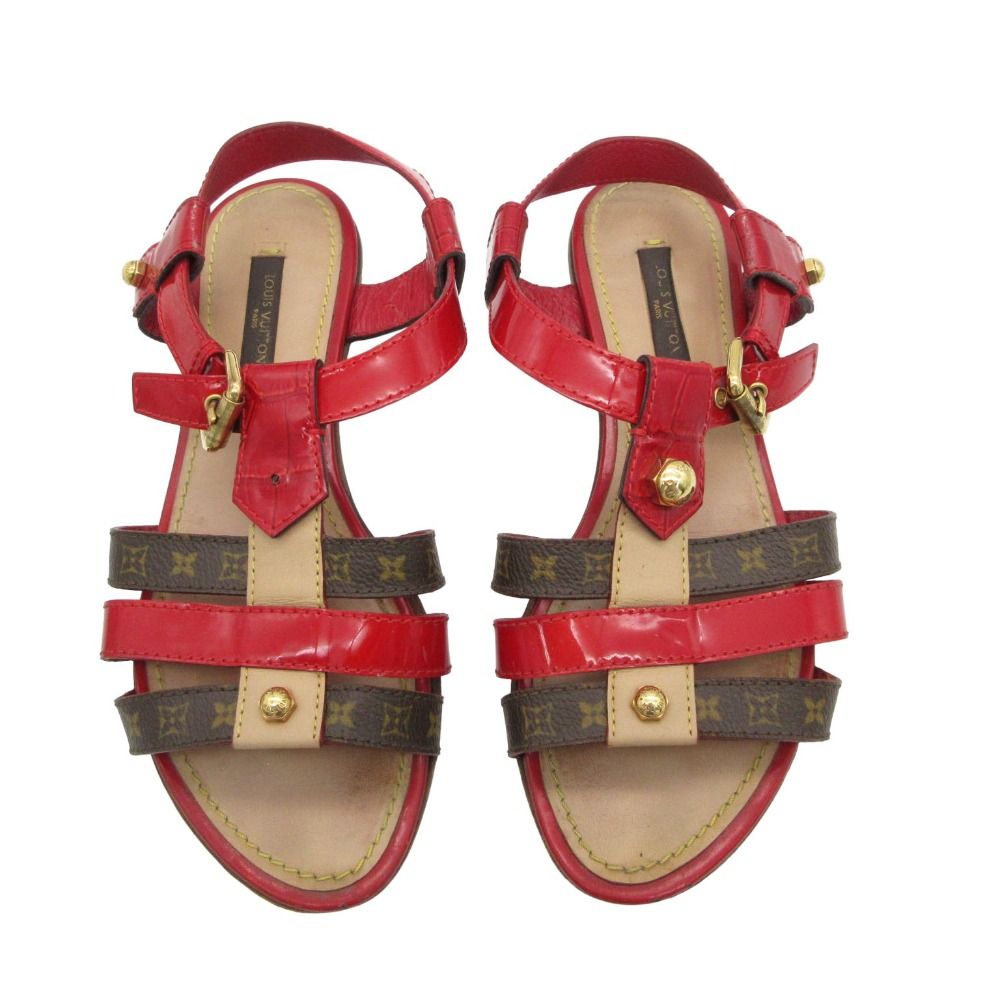 LOUIS VUITTON ルイ・ヴィトン サンダル モノグラム クロコ柄 パテントレザー グラディエーター アンクルストラップ フラット 靴 レッド 34 21cm レディース 【中古】