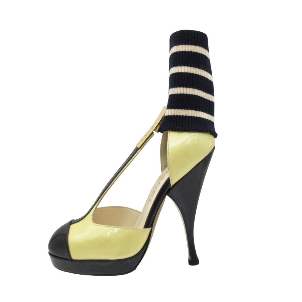 CHANEL シャネル パンプス パテントレザー バイカラー ロゴプレート ハイヒール ソックス シューズ イエロー 34 21cm レディース 【中古】