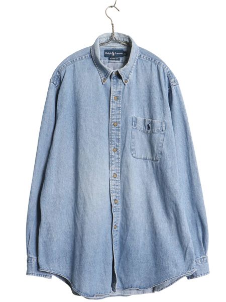 00s ラルフローレン ボタンダウン 長袖 デニム シャツ メンズ L / 古着 オールド ポロ 長袖シャツ ワンポイント ポケット付き カジュアル