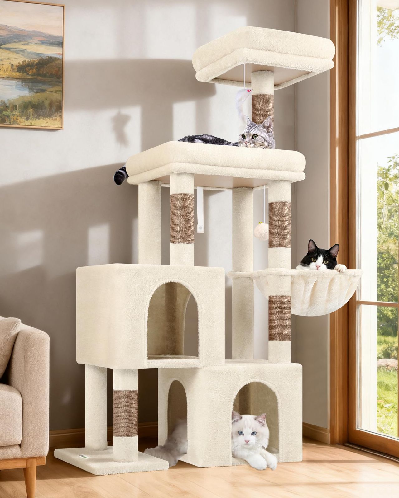 Globlazer キャットタワー 据え置き型 多機能 安定 頑丈 多頭飼い専用 大型猫用 猫タワー 広い見晴台 キャットハウス2つ 補強 柔ら吊り下げバスケット 天然麻紐の爪とぎポスト5つ ぬいぐるみボー ぬいぐるみのネズミのおもちゃ 強い bbe06a9c