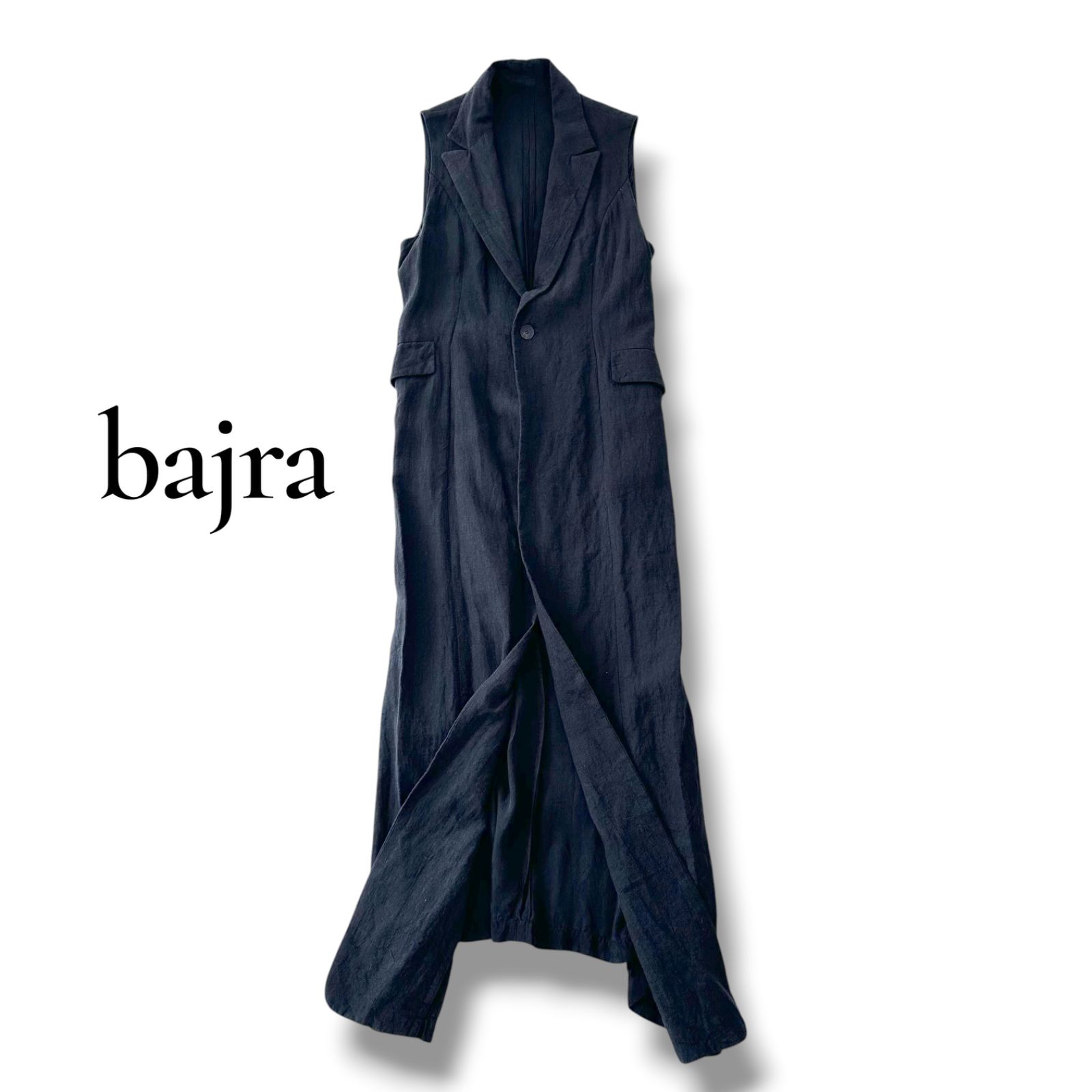 バジュラ bajra 異素材 ロングジレ ベスト ブラック 黒 麻 綿 美品