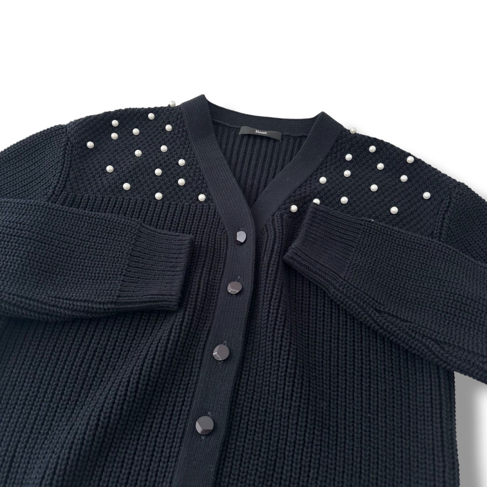 ルネ Rene パール付き ニット カーディガン ネイビー 34 S 定価55,000 