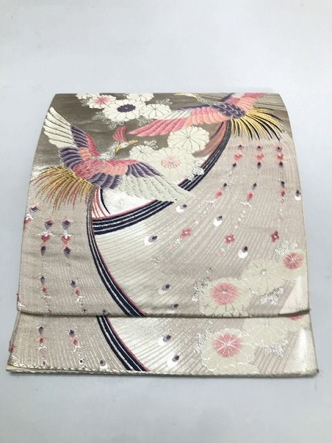 【中古】袋帯 正絹 シルバー地に鳳凰文様
