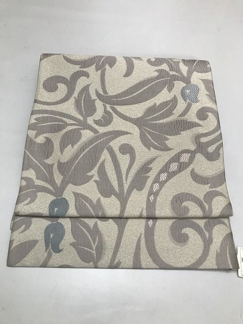 【中古】袋帯 正絹 グレー地に唐花文様 一蔵