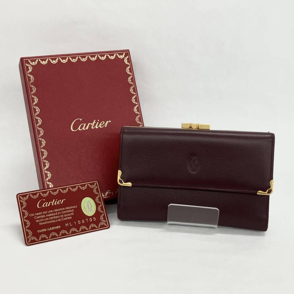 Cartier カルティエ マストドゥ がま口 3つ折り財布 ボルドー レザー レディース 財布 付属品有