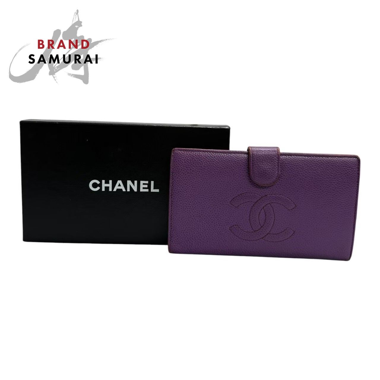 CHANEL シャネル ココマーク パープル 金具ゴールド キャビアスキン/レザー A13498 長財布 がま口財布 レディース S1-00099【中古】