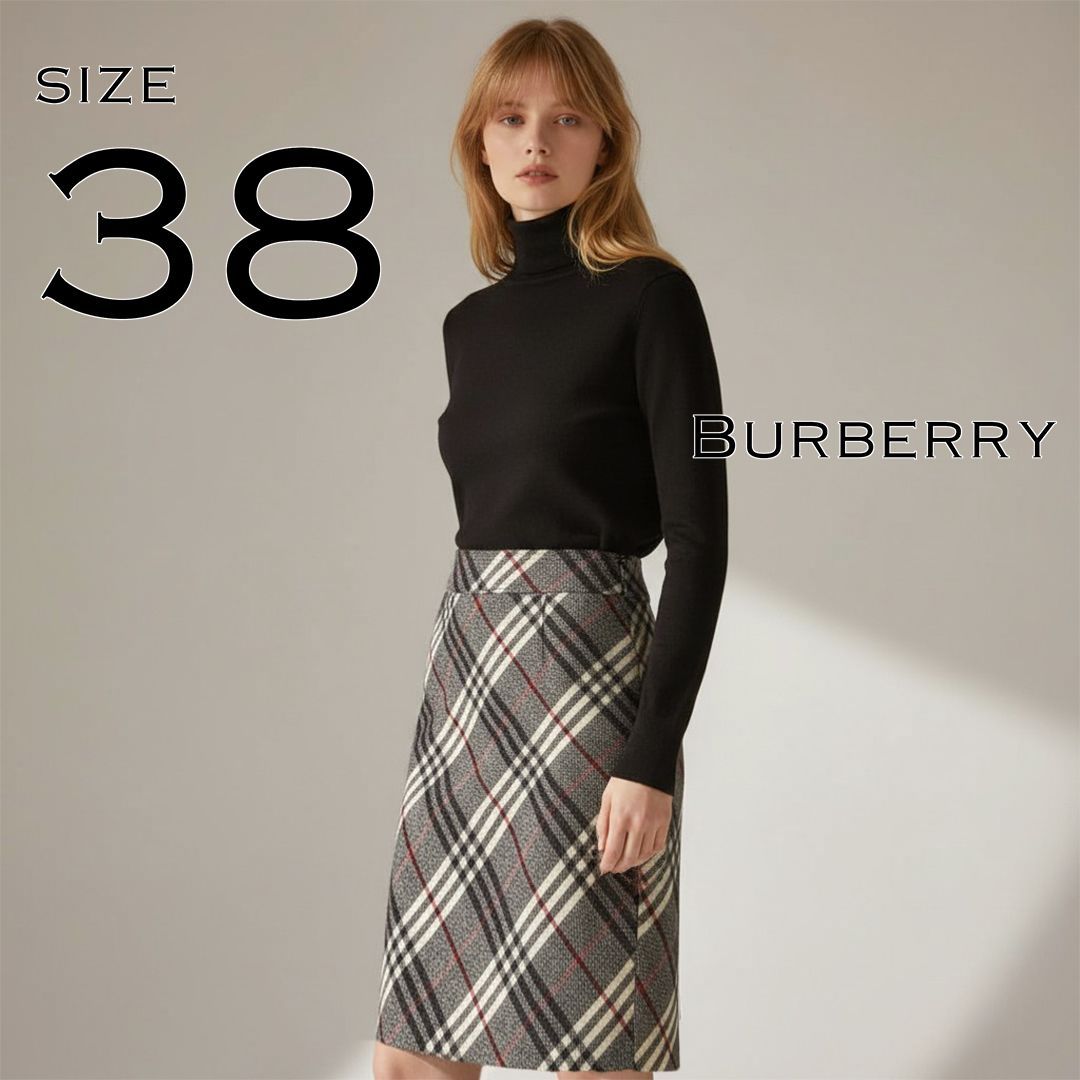 【極美品】BURBERRY LONDONバーバリーロンドン 三陽商会 日本製 高級ウール100% ノヴァチェック柄 タイトスカート 38(M) グレー【古着】【中古】【送料無料】