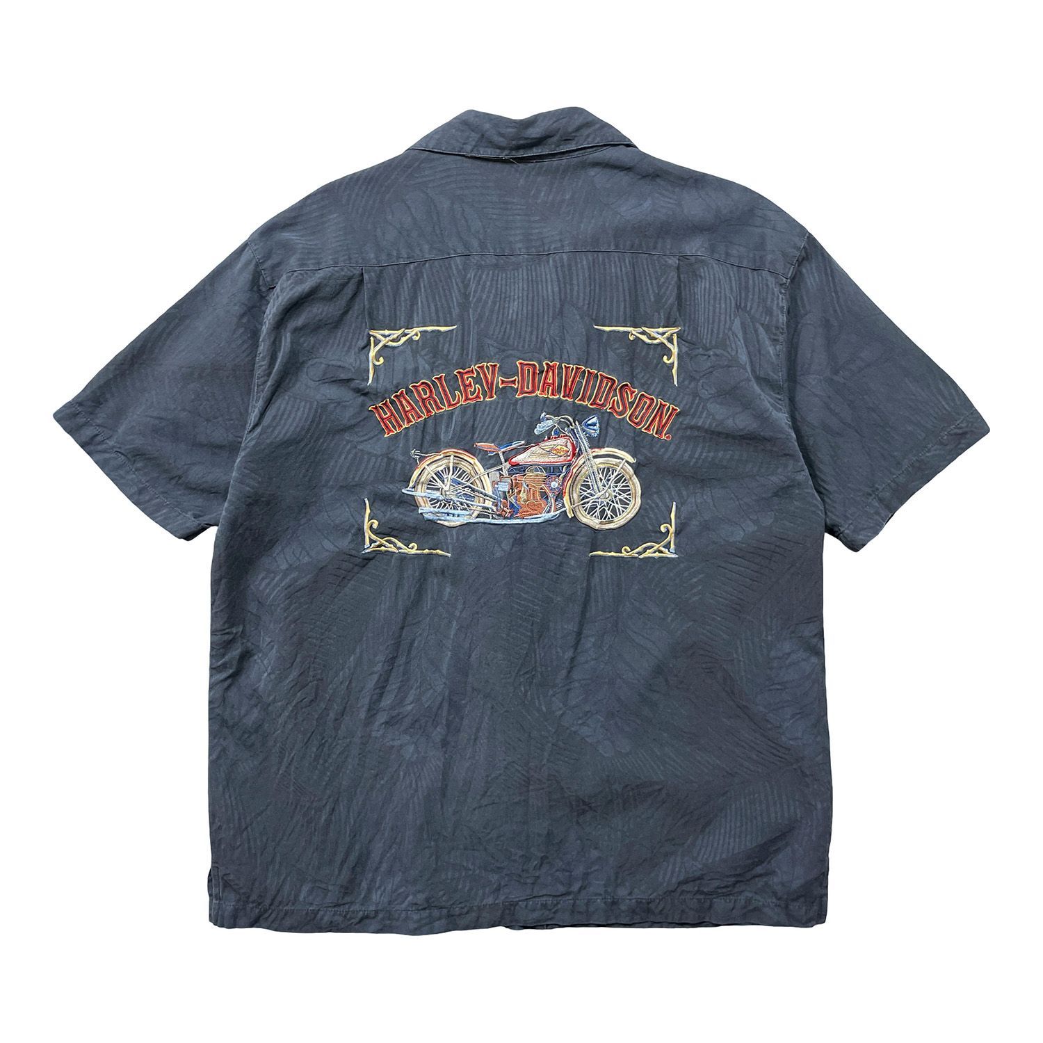 USA 古着 Tommy Bahama×Harley-Davidson トミーバハマ ハーレーダビッドソン シルク 開襟 アロハシャツ ハワイアンシャツ バイク 刺繍 メンズXL ネイビー BF4985